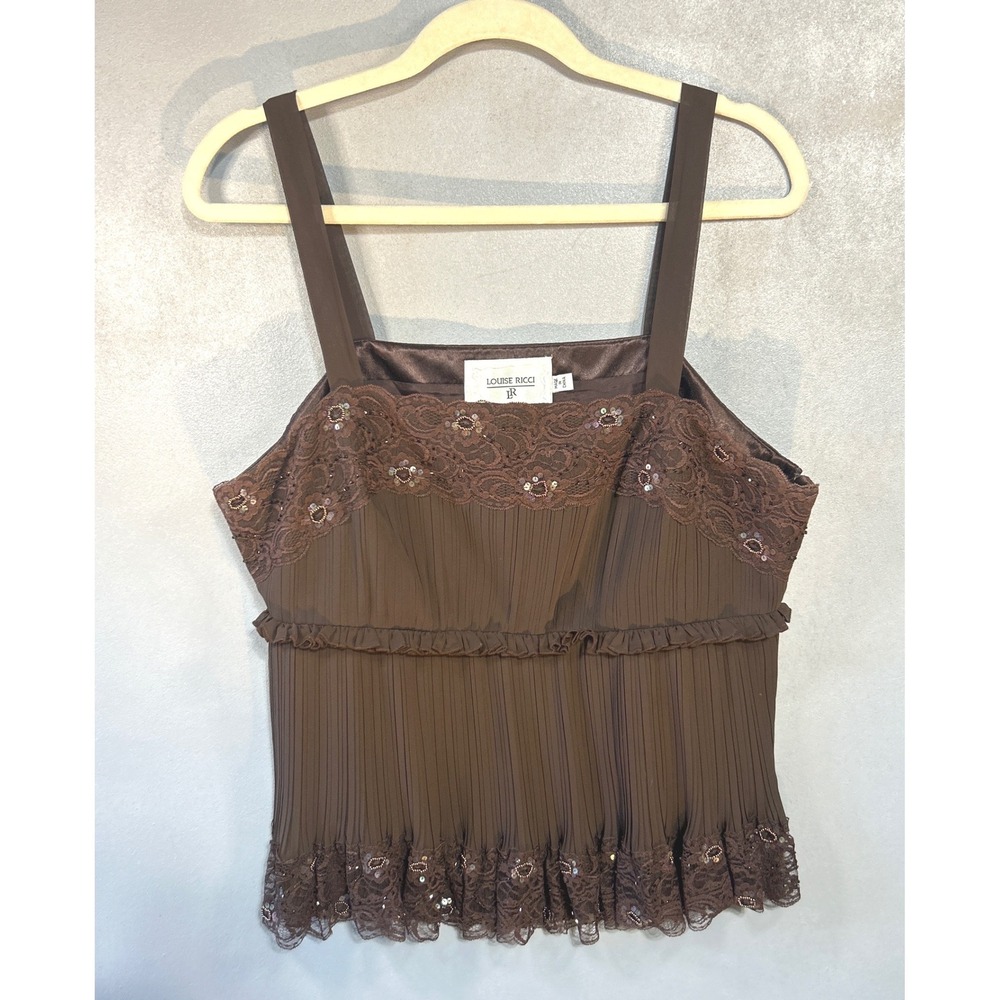 Louise Ricci Brown Pleated Lace Sequin Camisole Top Size 16 Y2K Fairycore Boho